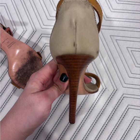 Miu Miu | Peep-Toe Orange/Tan Heeled Sandals | Size 38 (US 7.5) | 3.75” - Picture 8 of 8